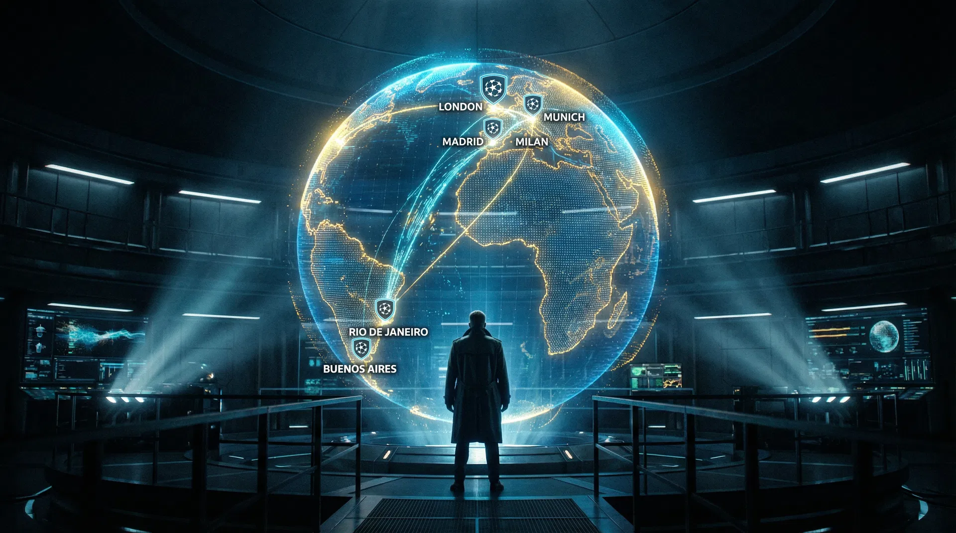 Globo holográfico com monitoramento global de clubes de futebol