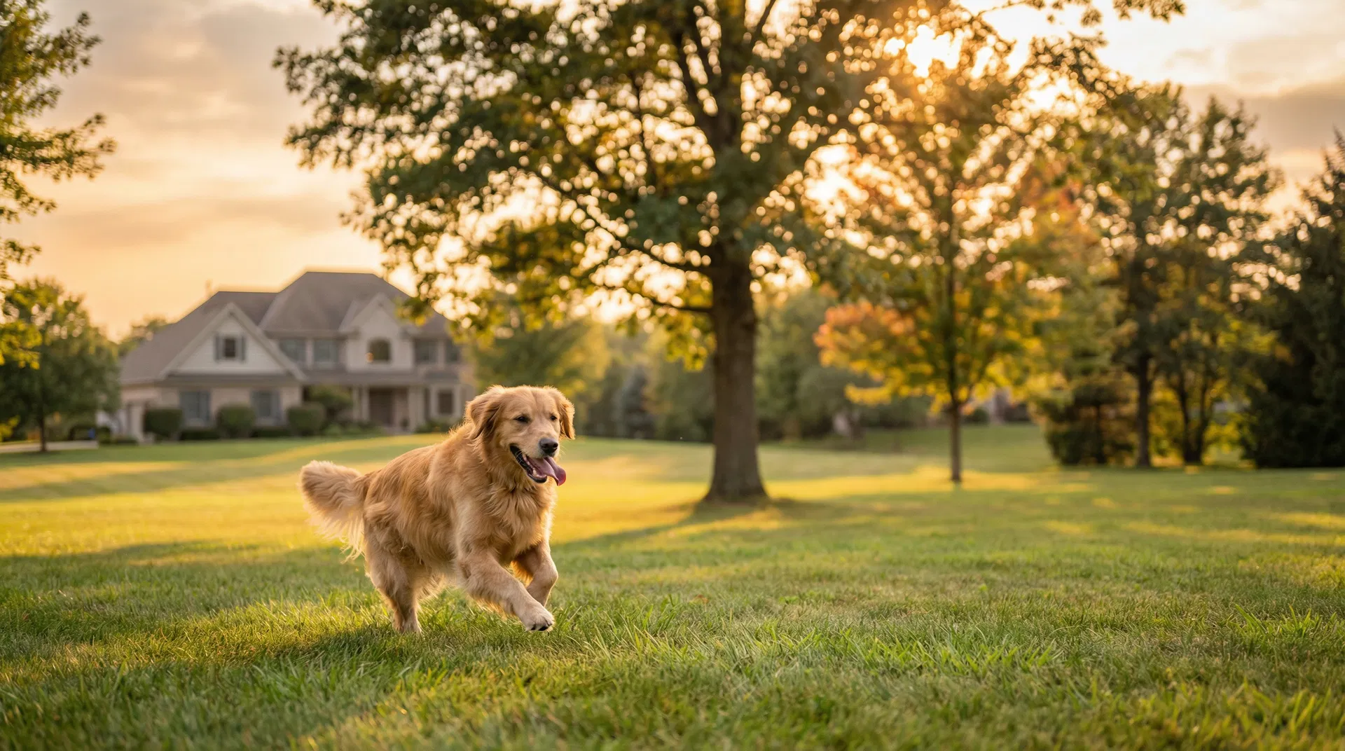 Happy golden retriever running freely in a green yard