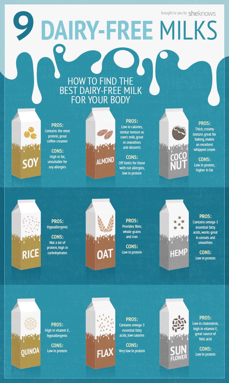 Visual guide to 9 types of plant-based milk alternatives including soy, almond, oat, rice, hemp, coconut, cashew, flax, and macadamia milk