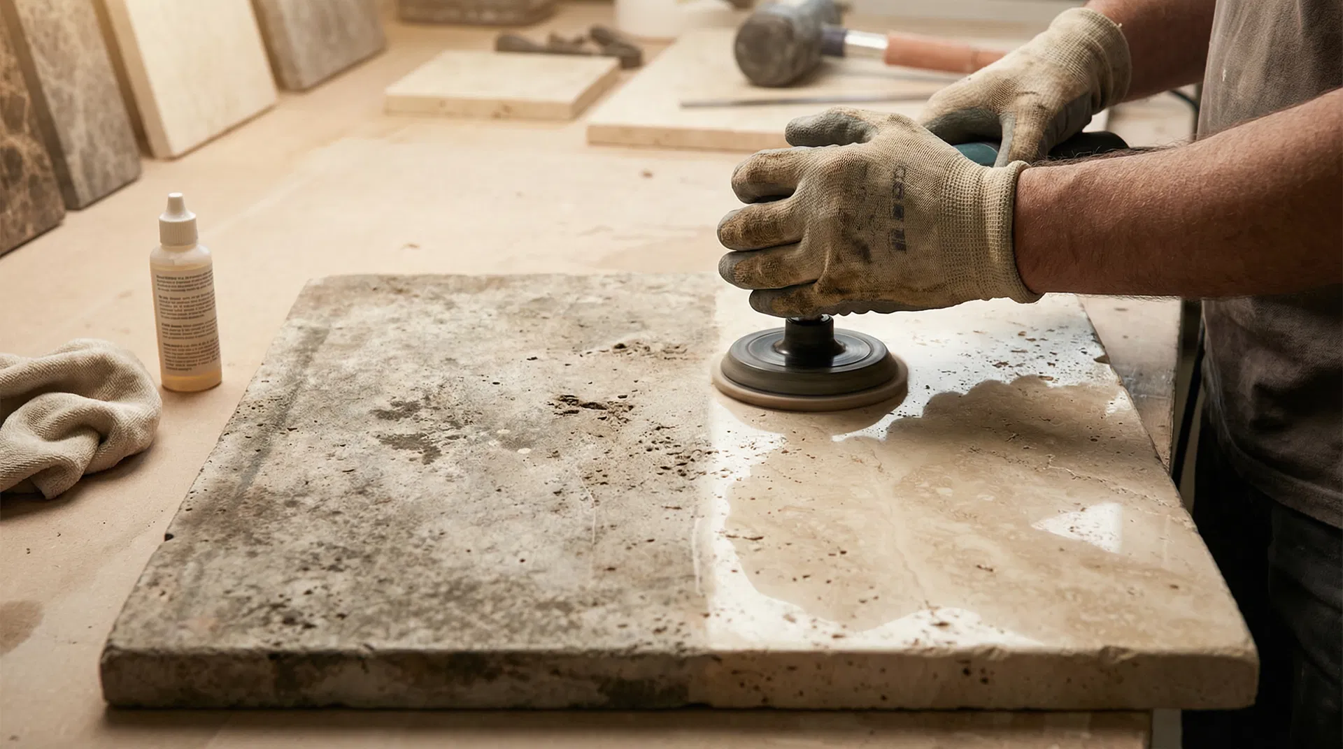 Professionelle Travertinreinigung mit Schleifmaschine