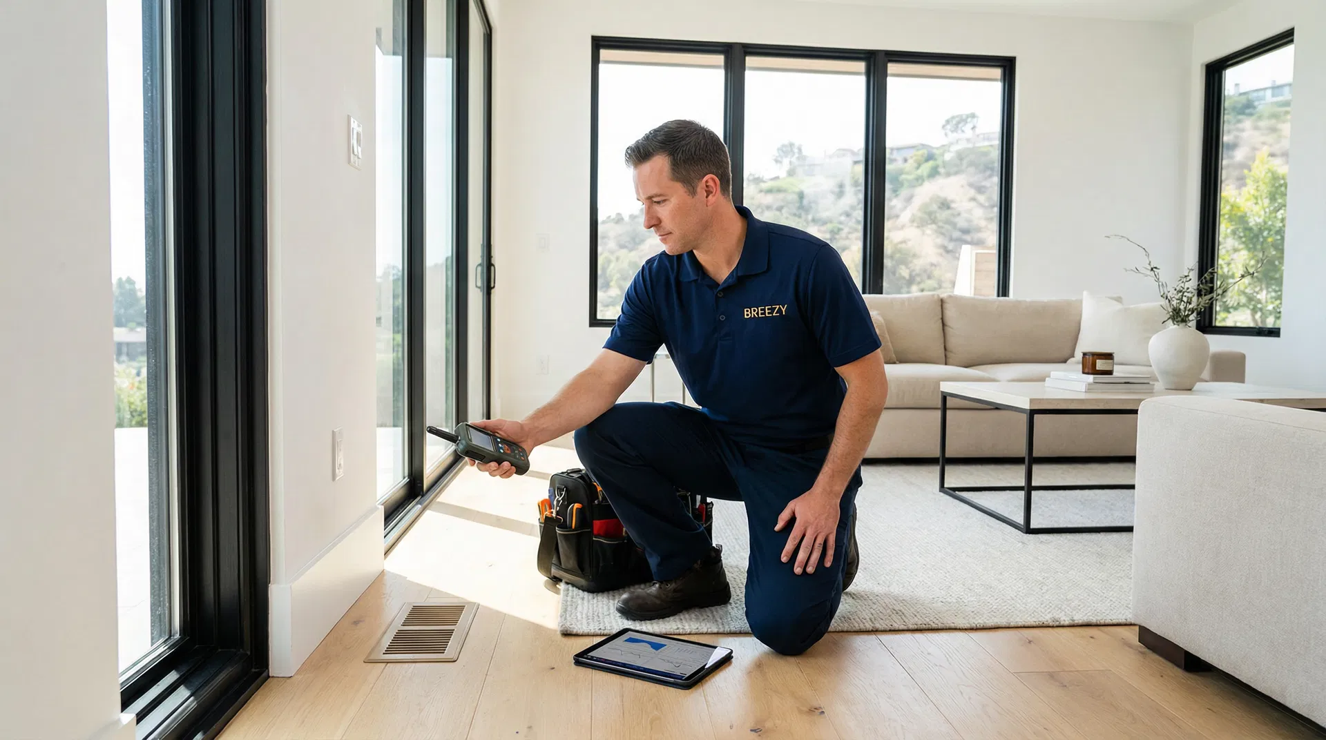 Breezy technician performing IAQ Trifecta service