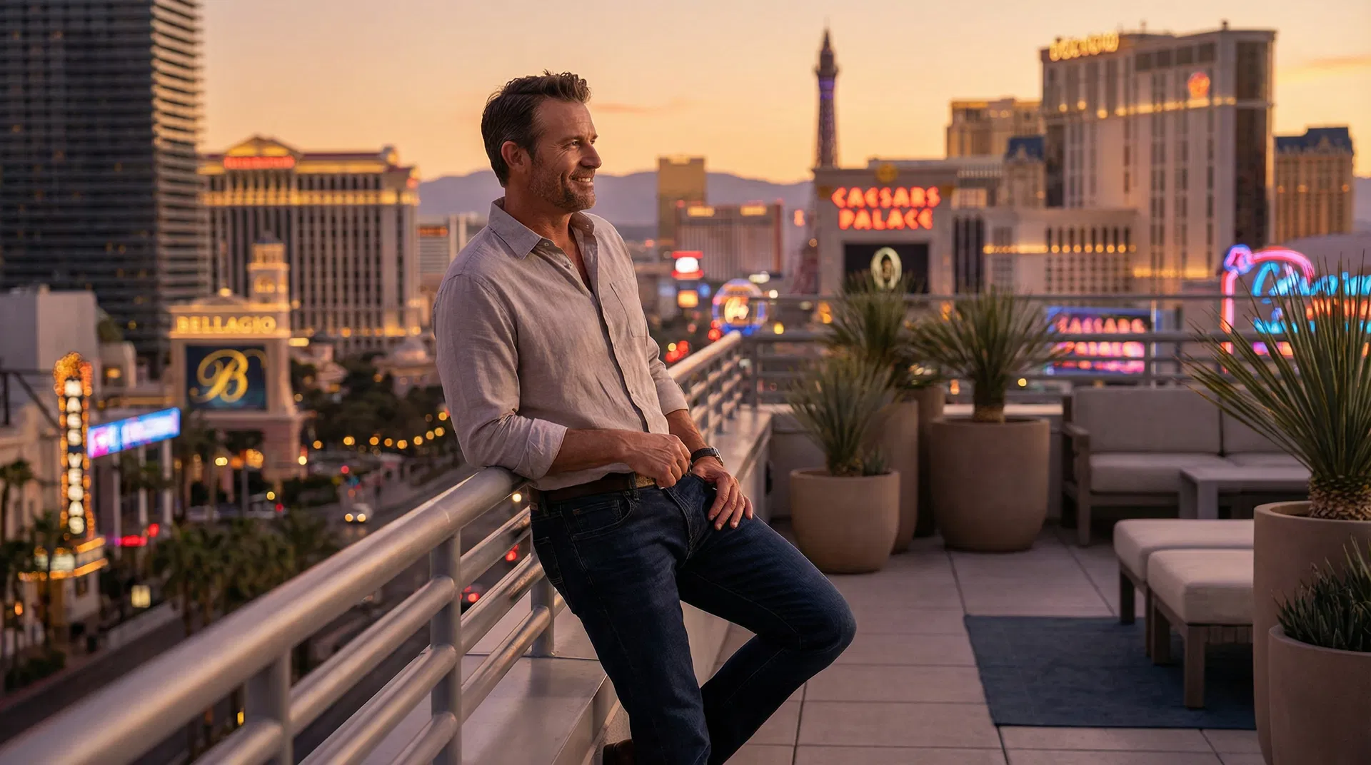 HVAC business owner relaxed on a Las Vegas rooftop terrace overlooking the Strip — the business runs without him