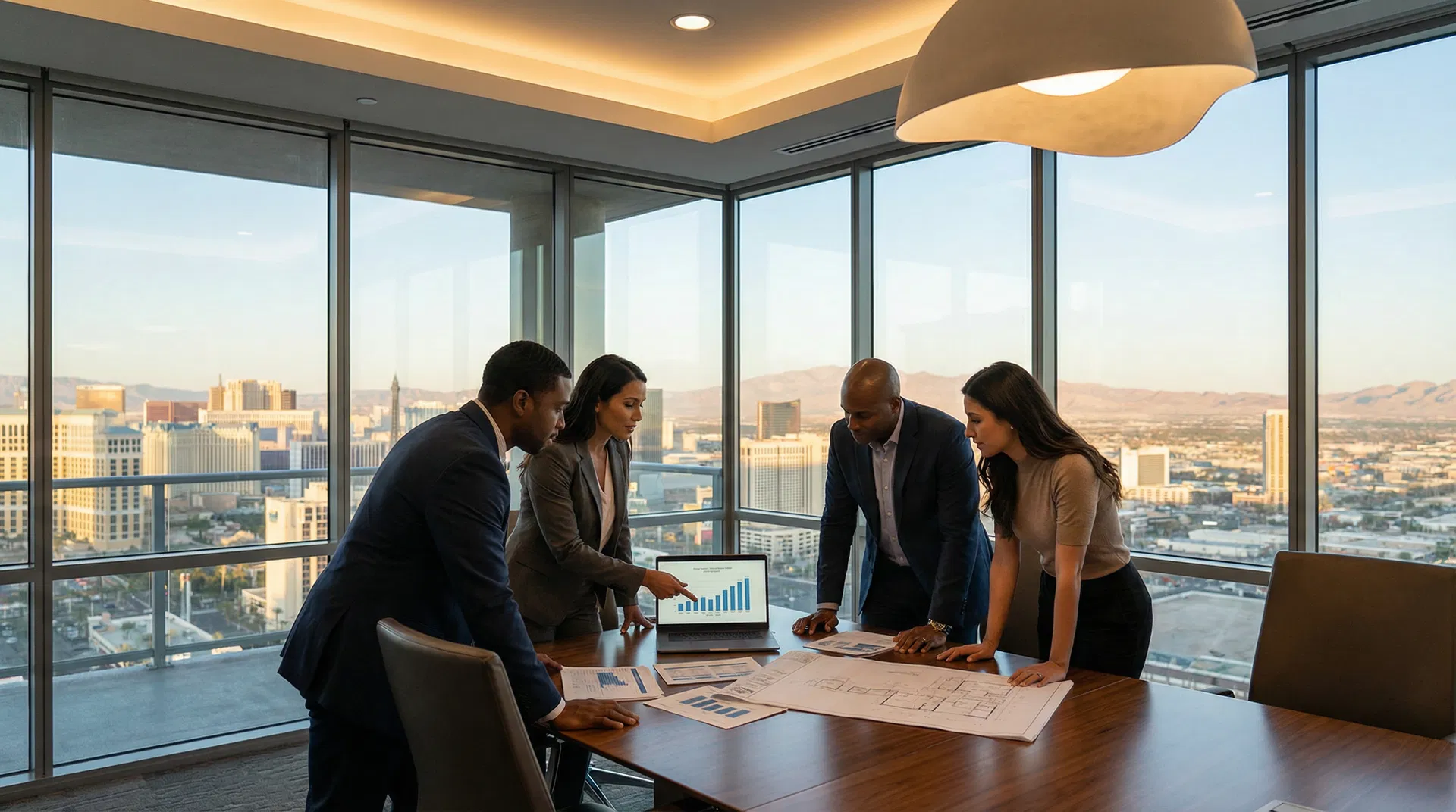 8xExit team reviewing KPI dashboards in a Las Vegas high-rise conference room