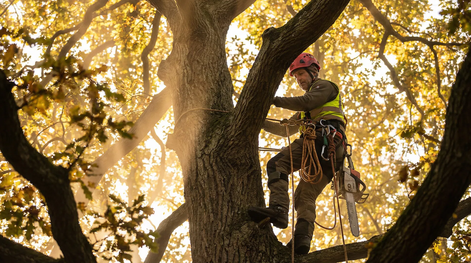 Professional arborist climbing tree