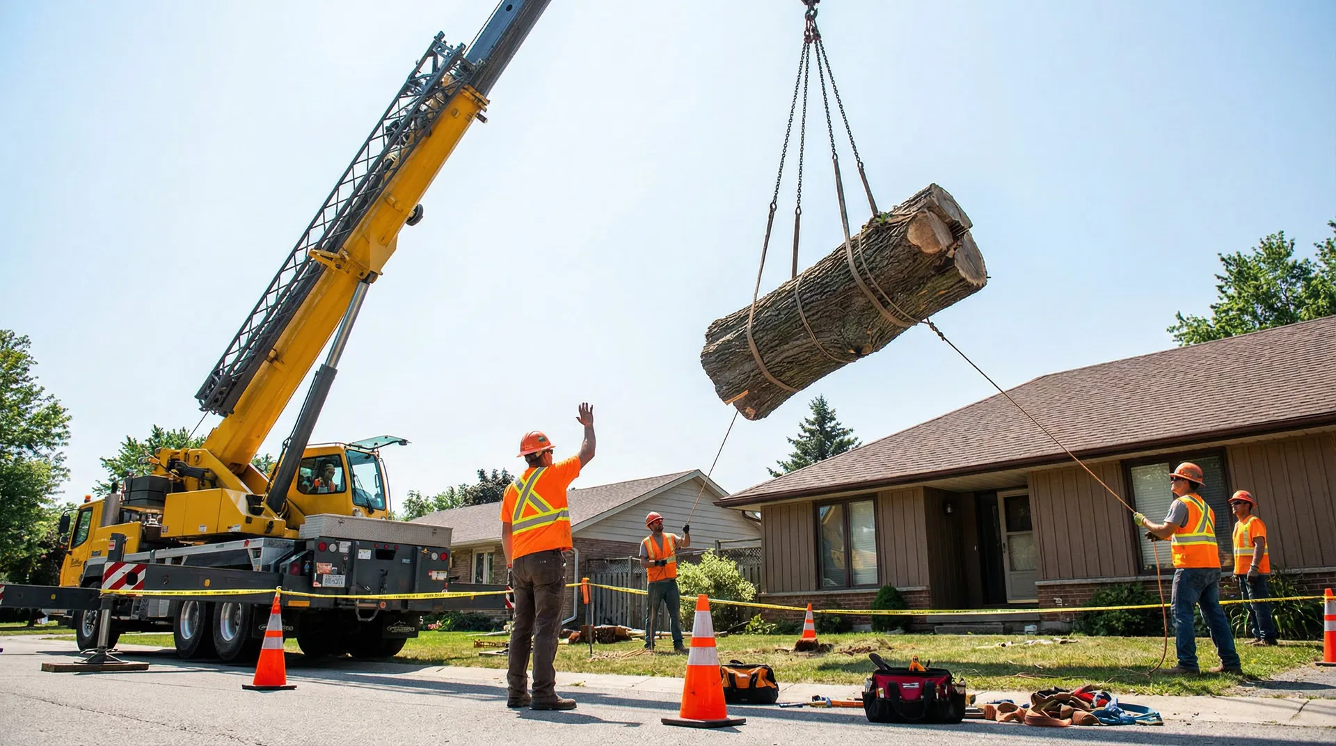 Crane removing dangerous tree near house