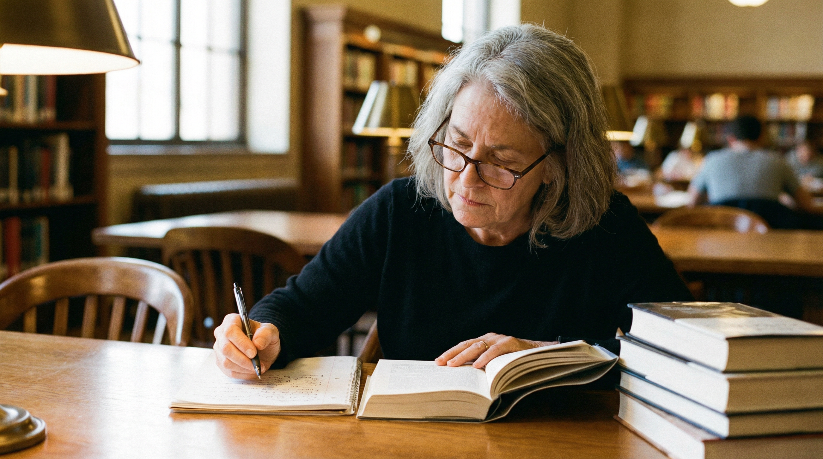 пожилая женщина читает книгу в библиотеке