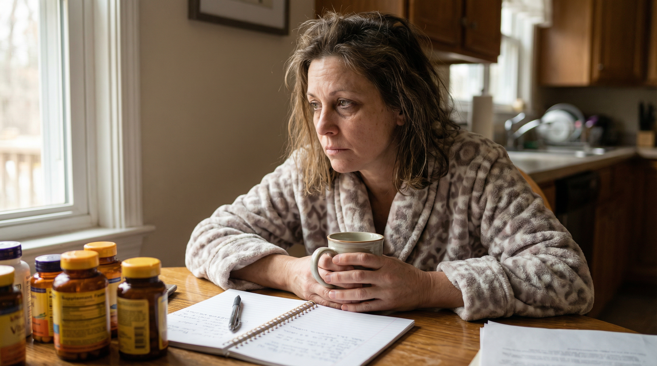 Уставшая женщина пьет чай на кухне