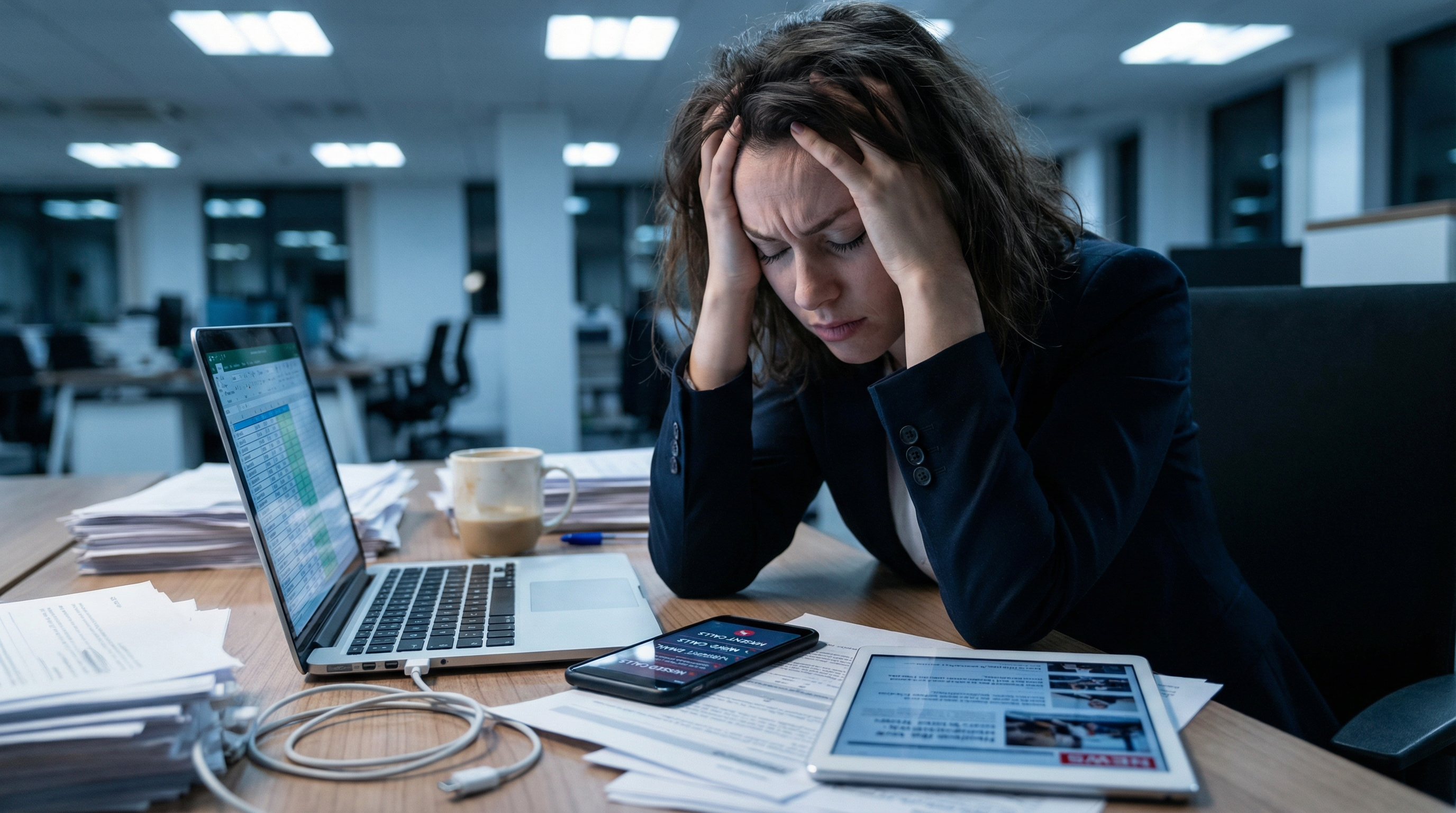 уставшая девушка в офисе за компьютером