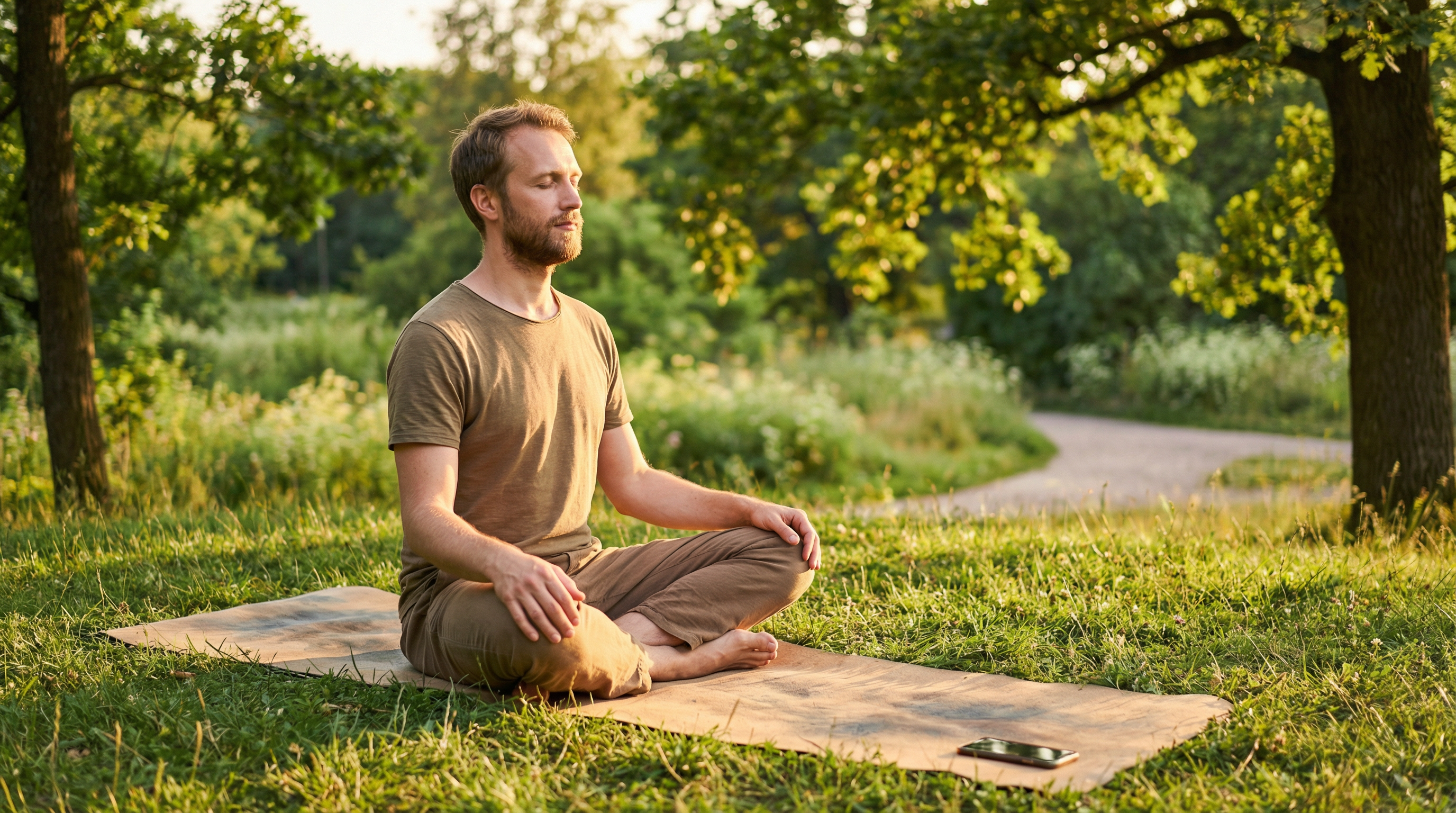 мужчина медитирует в парке