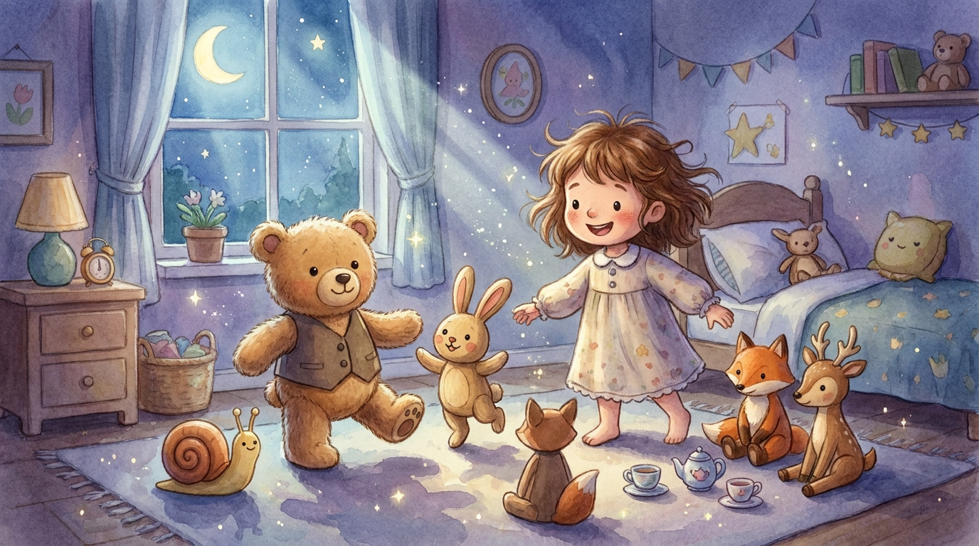 Ella playing with her toys under moonlight