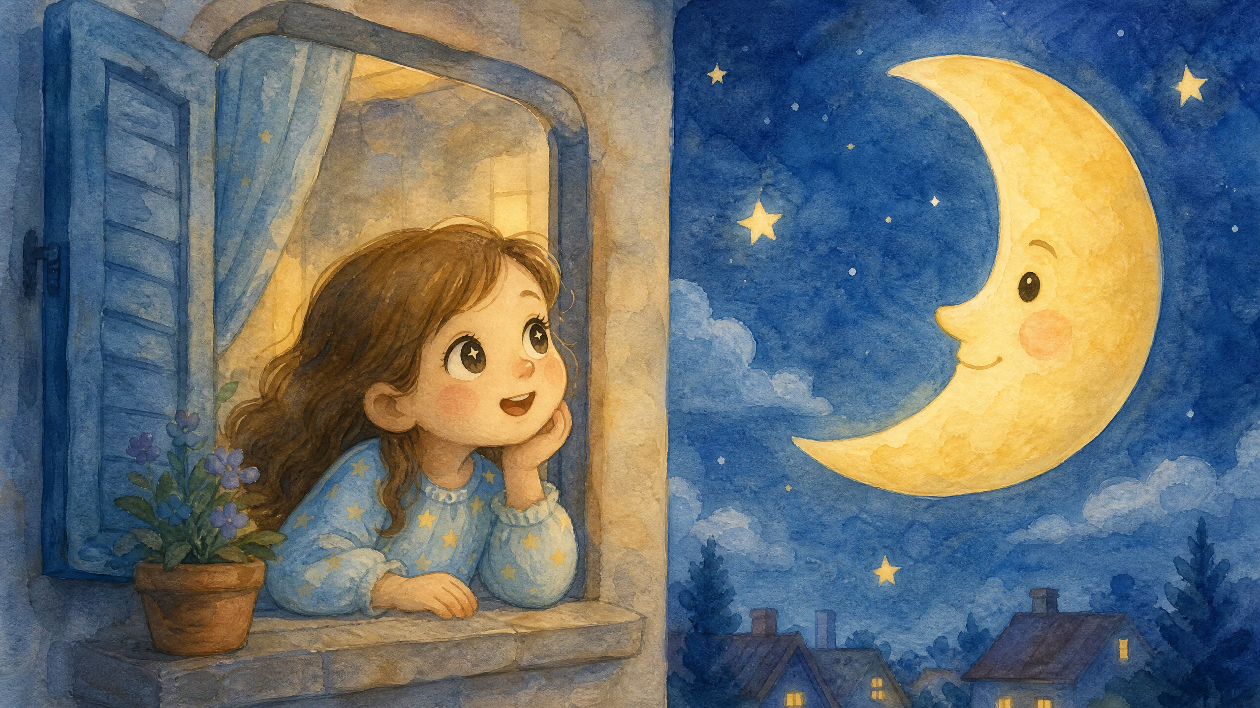 Ella at her window talking to the moon
