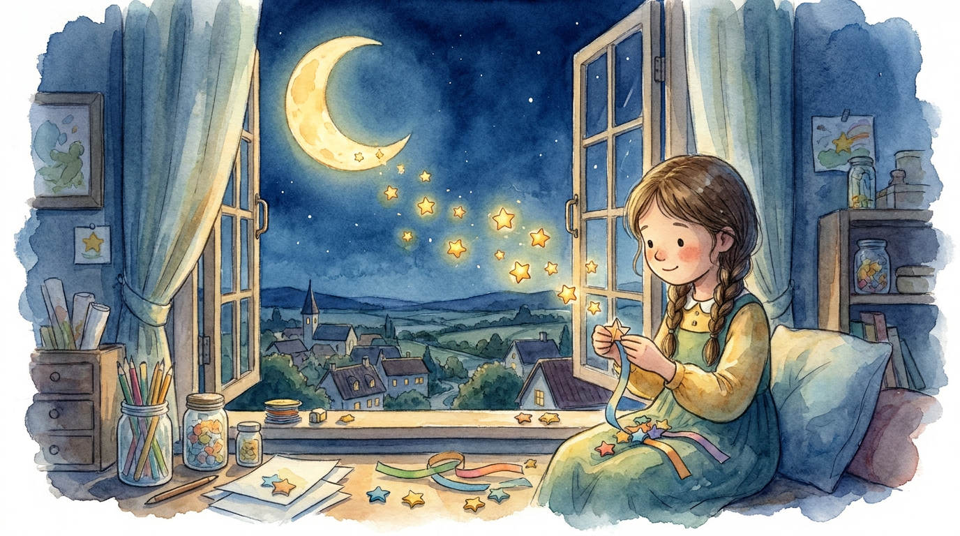 Ella tossing paper stars to the moon
