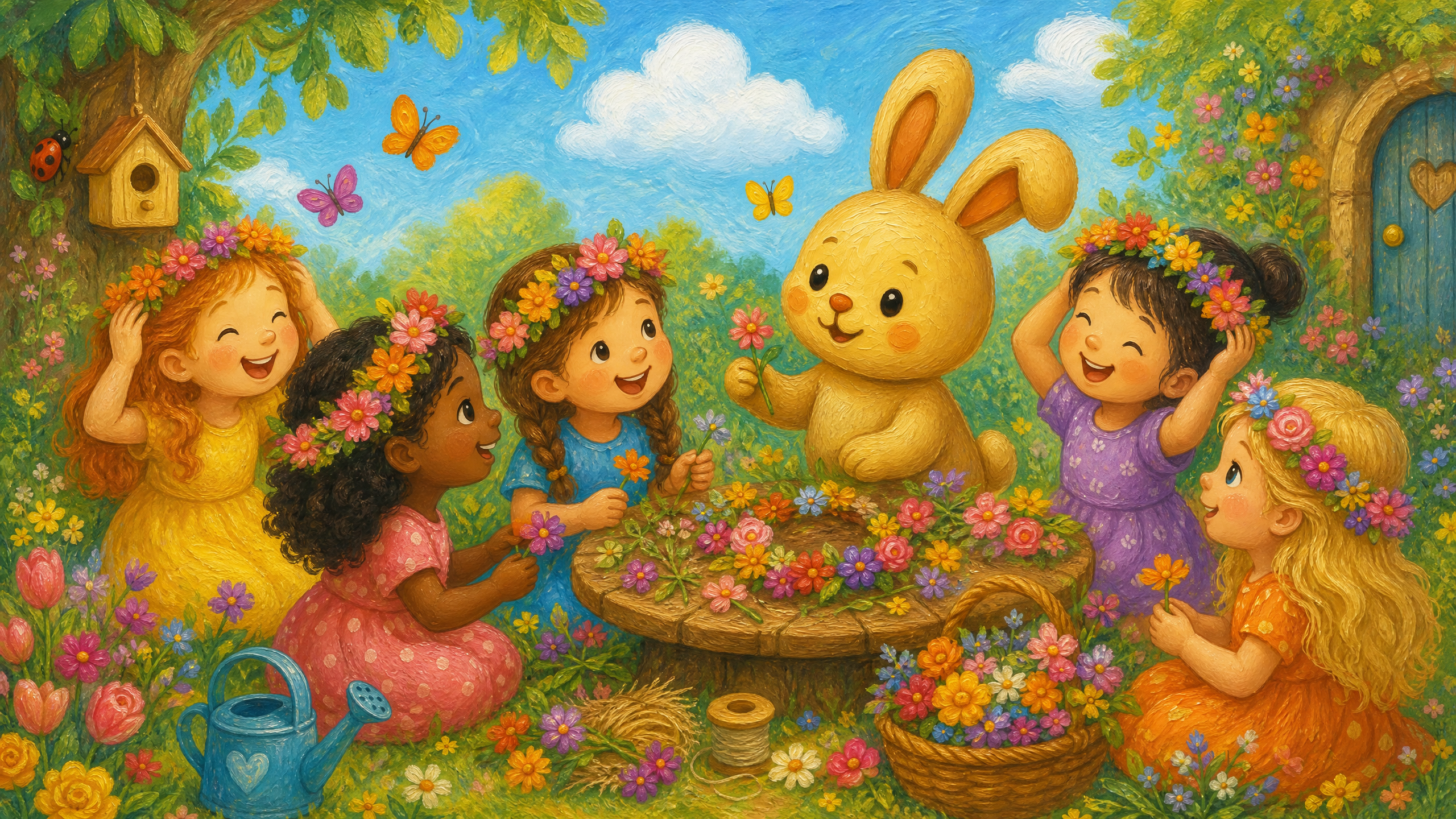 Lily teaching children to make flower crowns