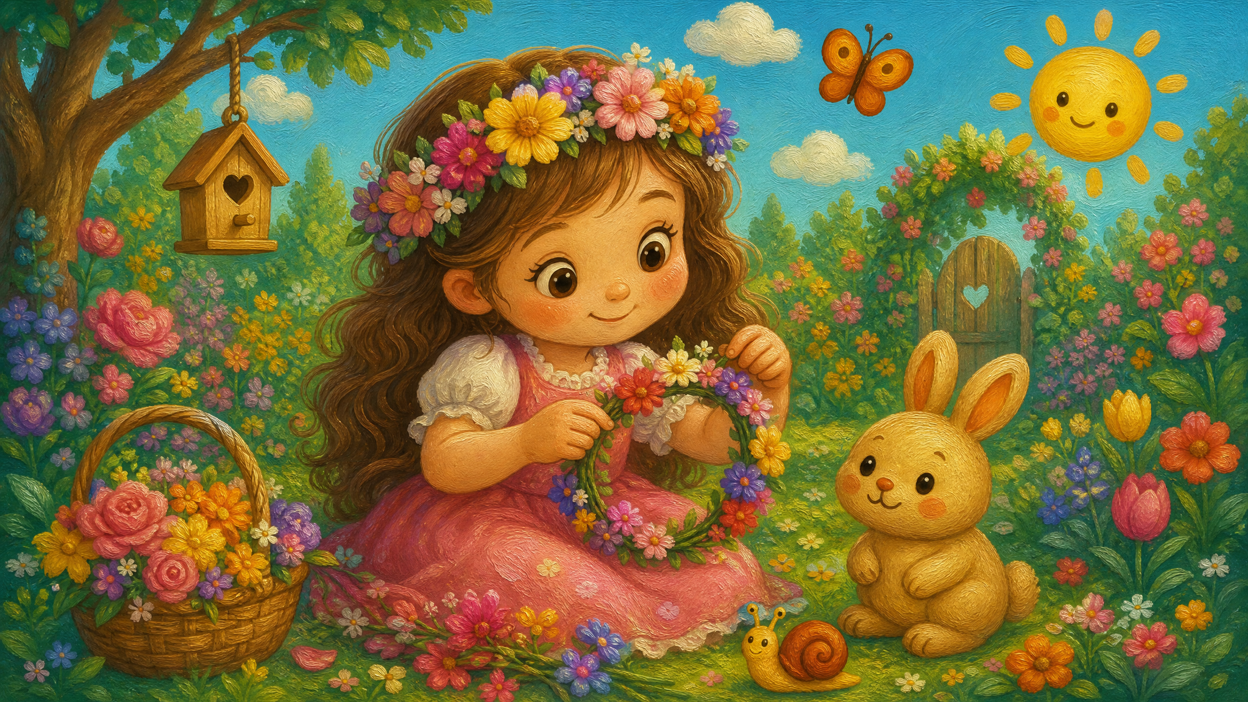 Lily weaving a flower crown in her garden
