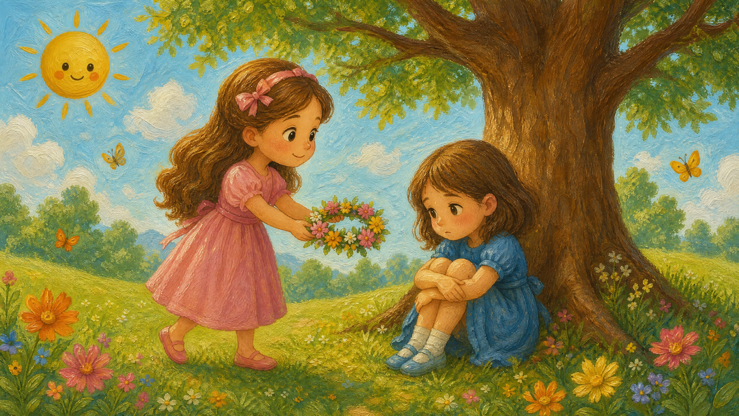 Lily offering a flower crown to shy Clara