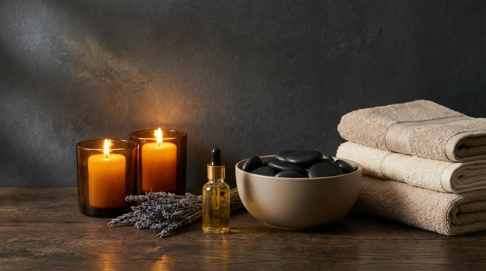 Spa still life with candles, essential oils, hot stones, and towels