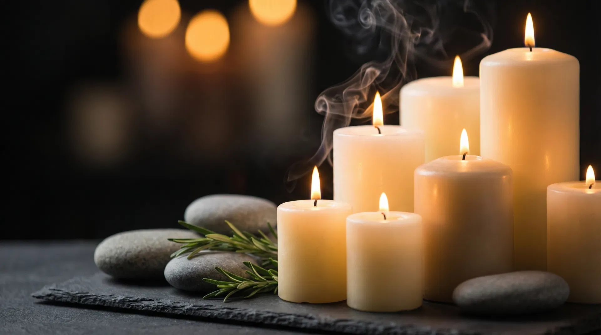 Warm candlelit spa atmosphere with soft ambient lighting