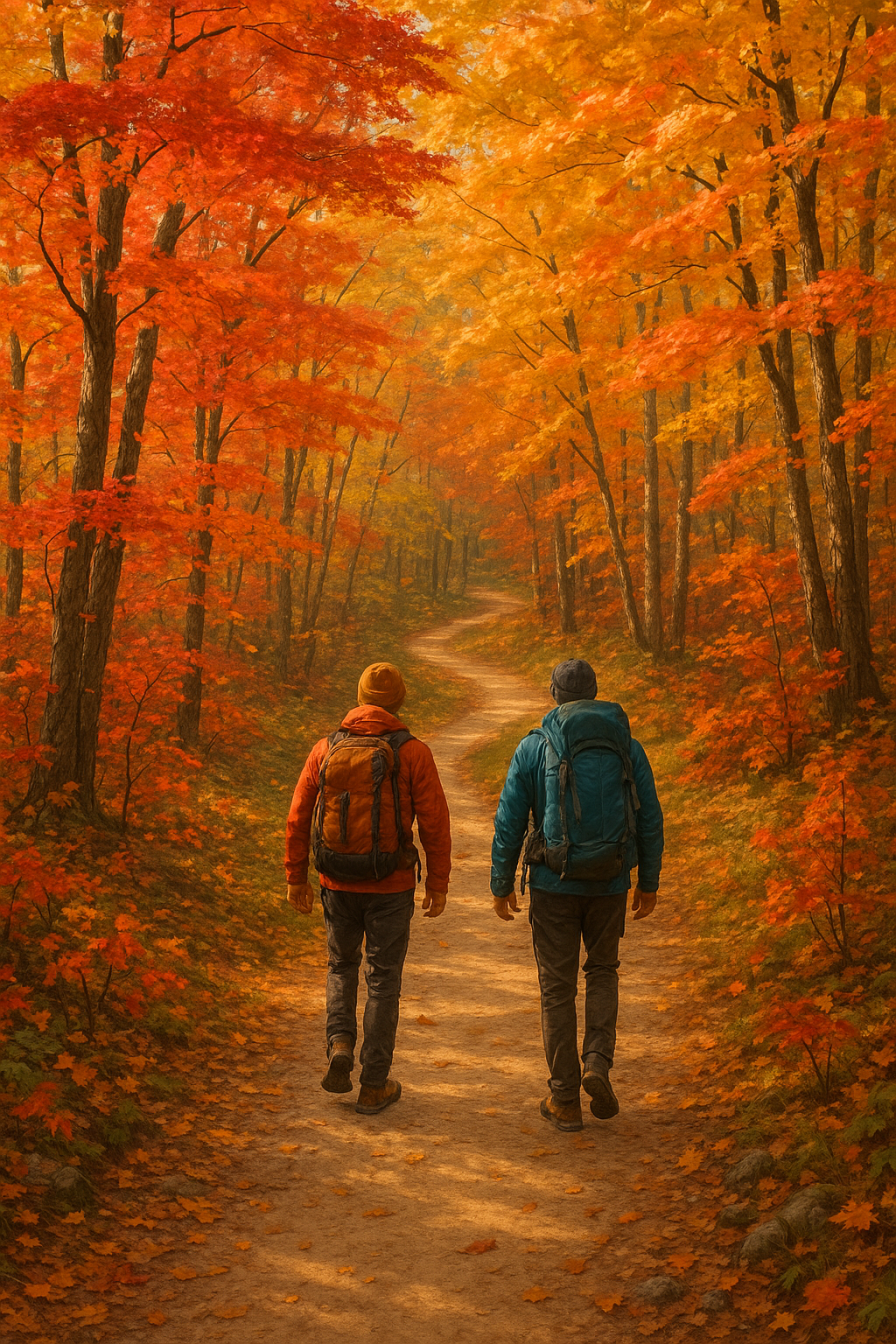 Hikers walking through vibrant autumn forest trail