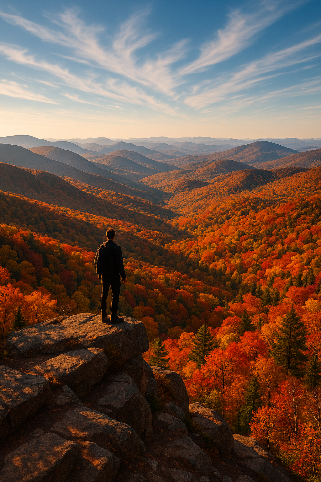 Mountain vista with autumn colors and lone hiker