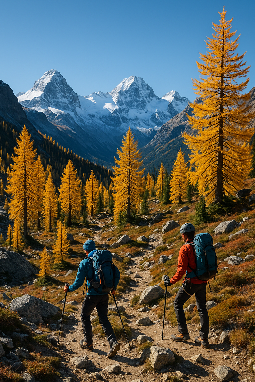 Golden alpine larch trees with mountain backdrop