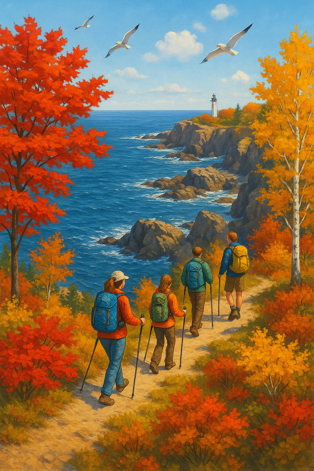Coastal fall hiking scene with lighthouse
