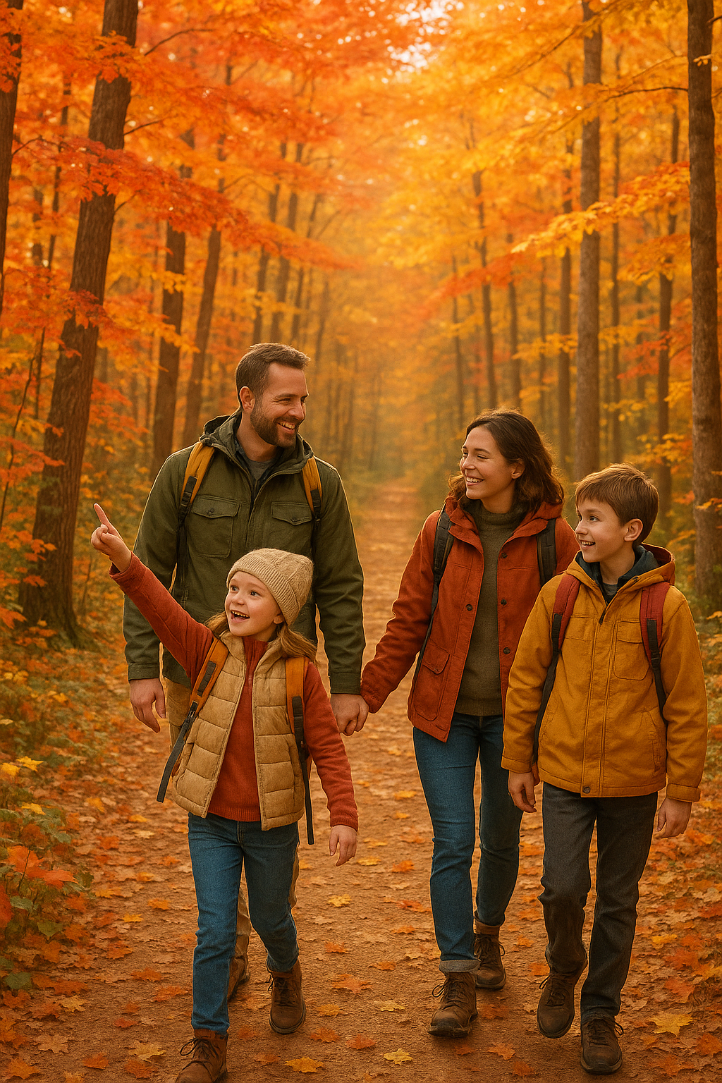 Family hiking through colorful autumn forest