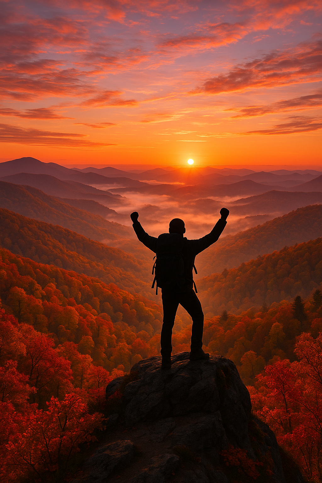 Sunrise over autumn mountains with triumphant hiker