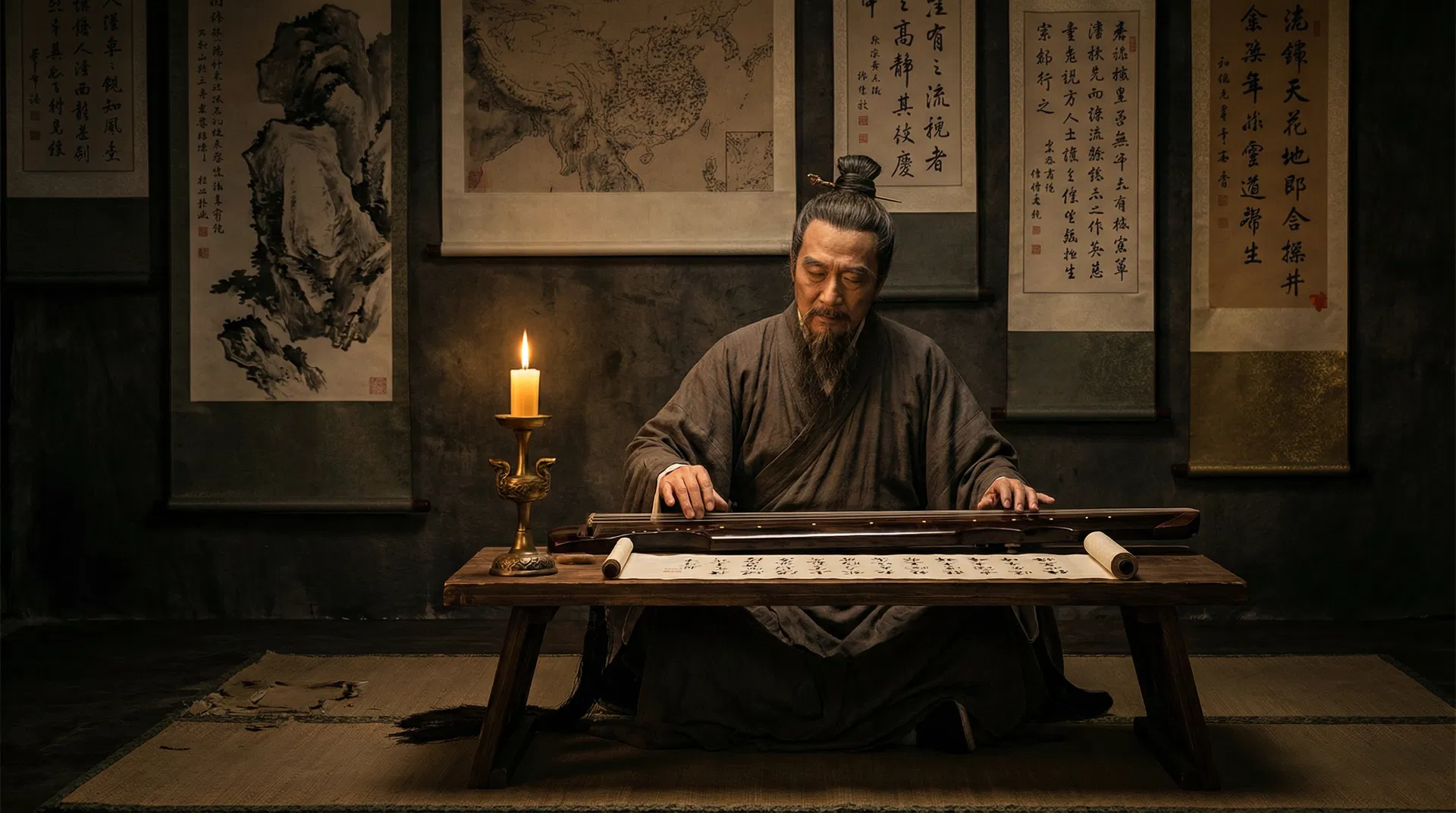 Scholar playing guqin