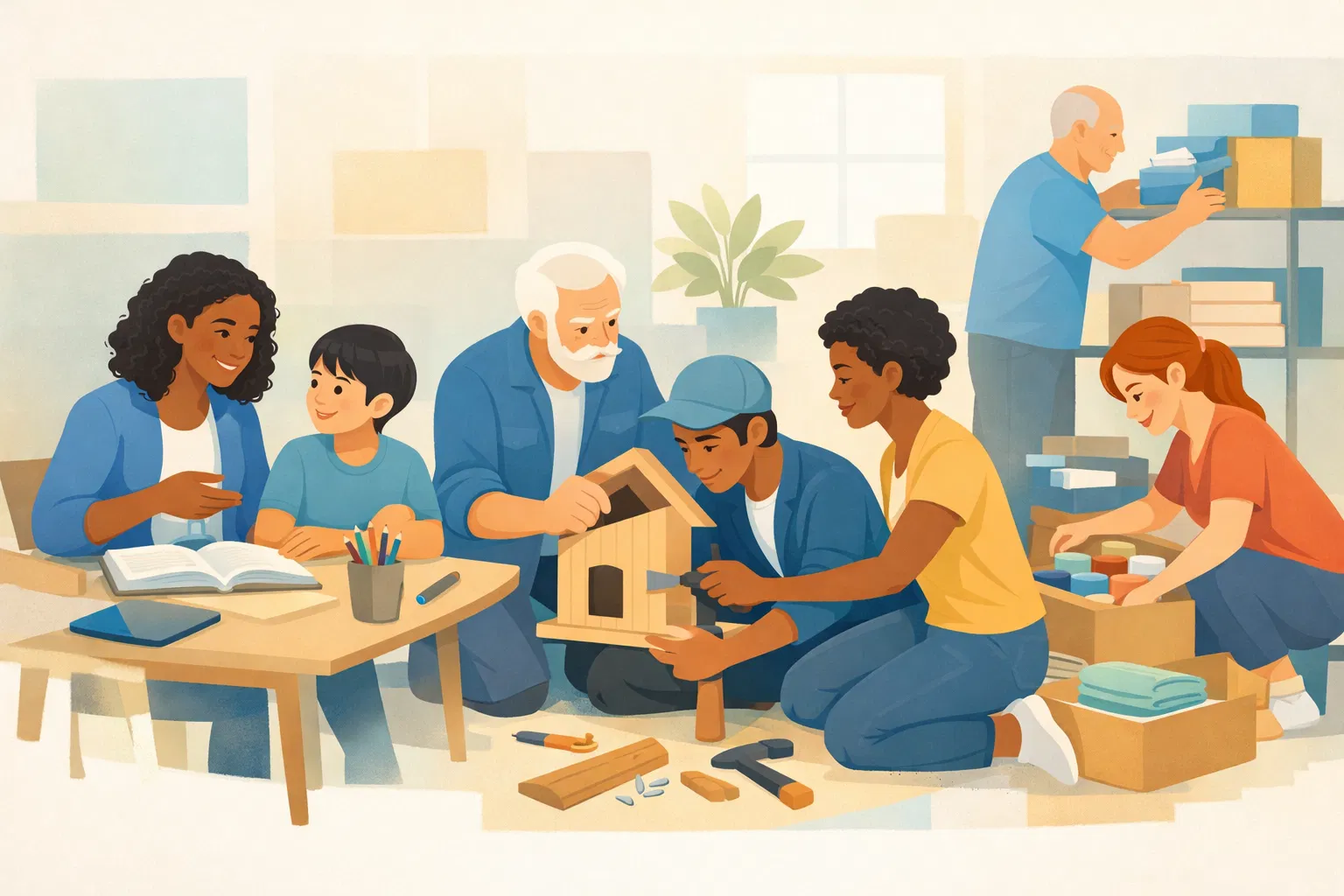Ilustração de voluntários colaborando em projetos sociais