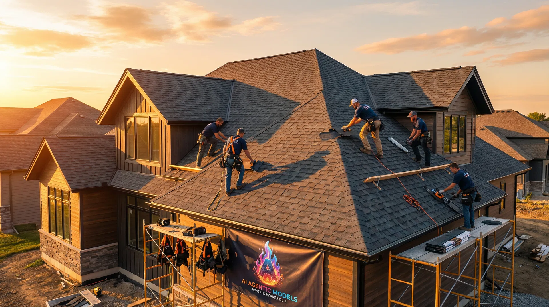 Roofing construction at sunset