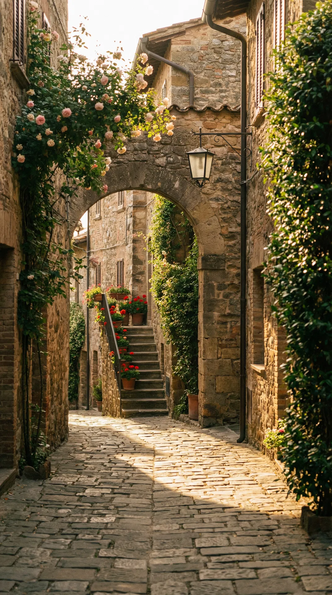 Vicolo medievale di Ronciglione con arco in pietra e case storiche nella Tuscia viterbese