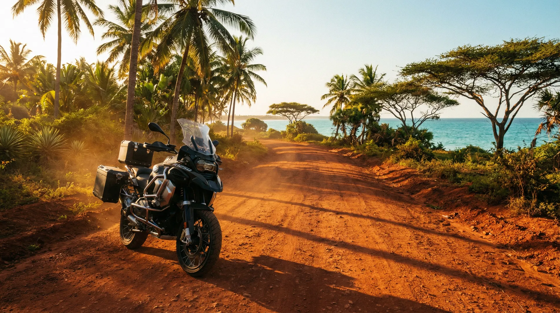 Adventure motorcycle on Kenyan coast road