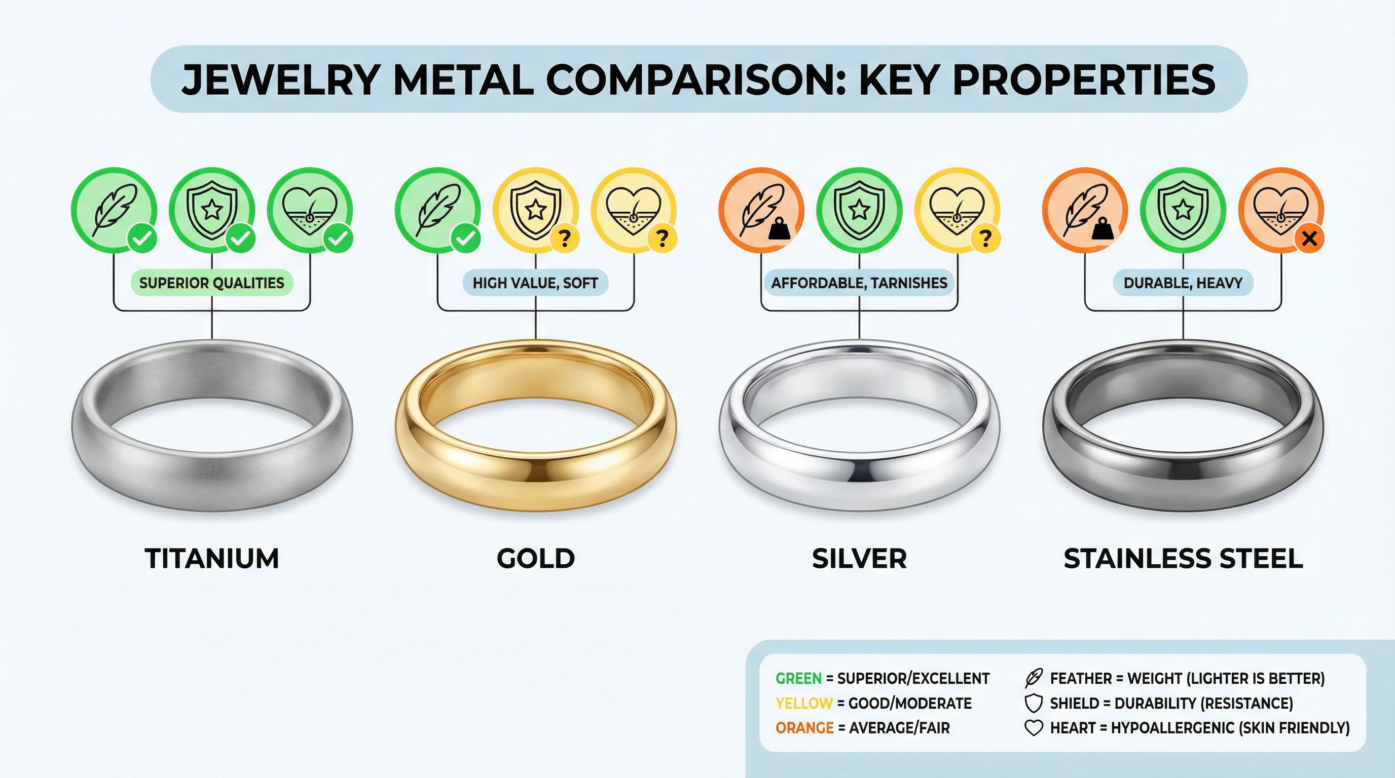 The Ultimate Guide to Titanium Jewelry: 8 Surprising Facts You Need to Know 3 An infographic comparing four rings side-by-side—titanium, gold, silver, and stainless steel—with icons highlighting their key properties in terms of weight, durability, and hypoallergenic qualities.