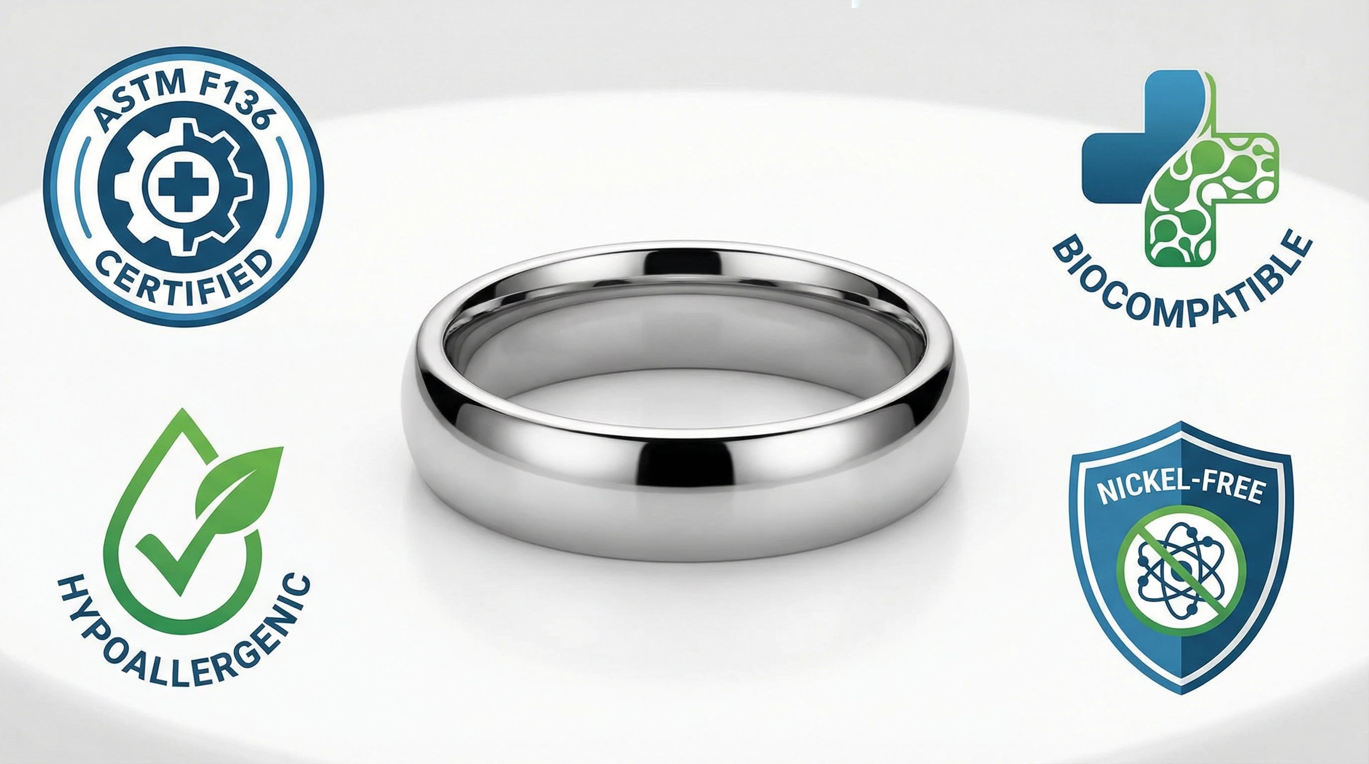 The Ultimate Guide to Titanium Jewelry: 8 Surprising Facts You Need to Know 7 A high-quality titanium ring surrounded by certification badges for ASTM F136, hypoallergenic, biocompatible, and nickel-free, symbolizing trust and safety.