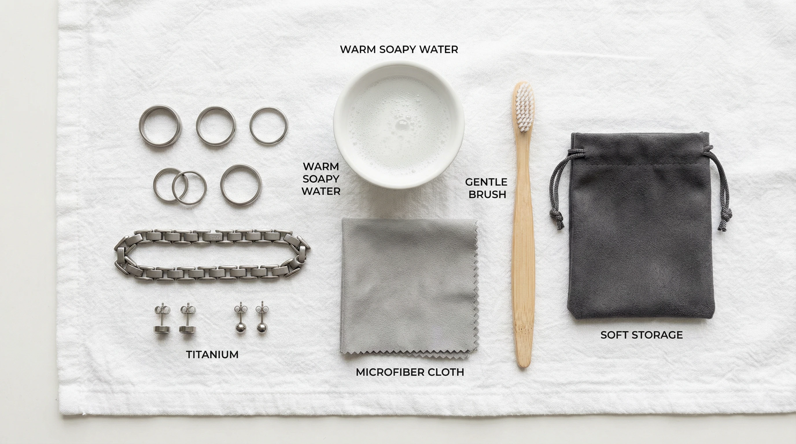 The Ultimate Guide to Titanium Jewelry: 8 Surprising Facts You Need to Know 6 A flat-lay image showing how to care for titanium jewelry, with items including a bowl of soapy water, a soft cloth, a gentle brush, and a storage pouch.