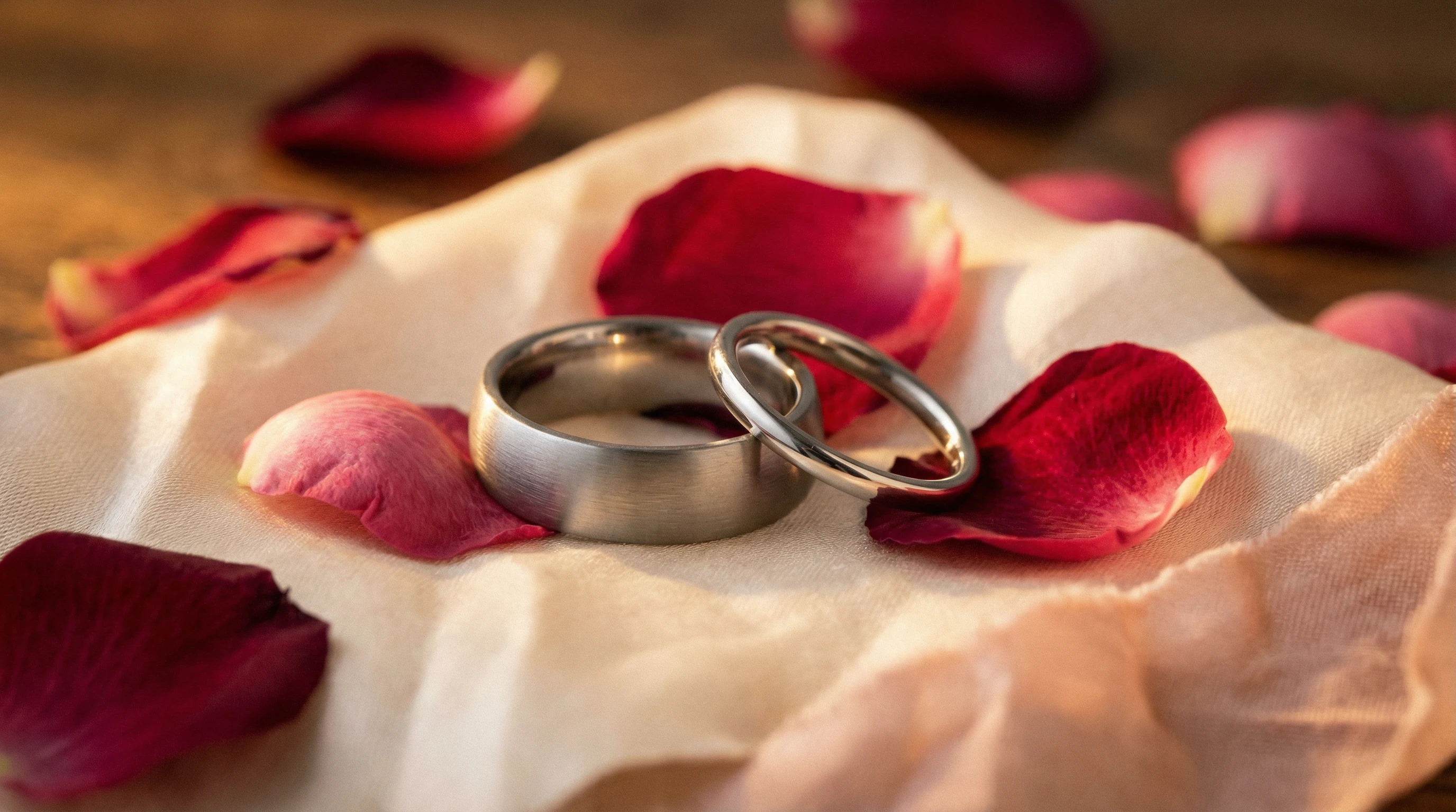 The Ultimate Guide to Titanium Jewelry: 8 Surprising Facts You Need to Know 5 Two titanium wedding bands placed romantically on a soft fabric surface with scattered rose petals, creating an elegant and timeless atmosphere.