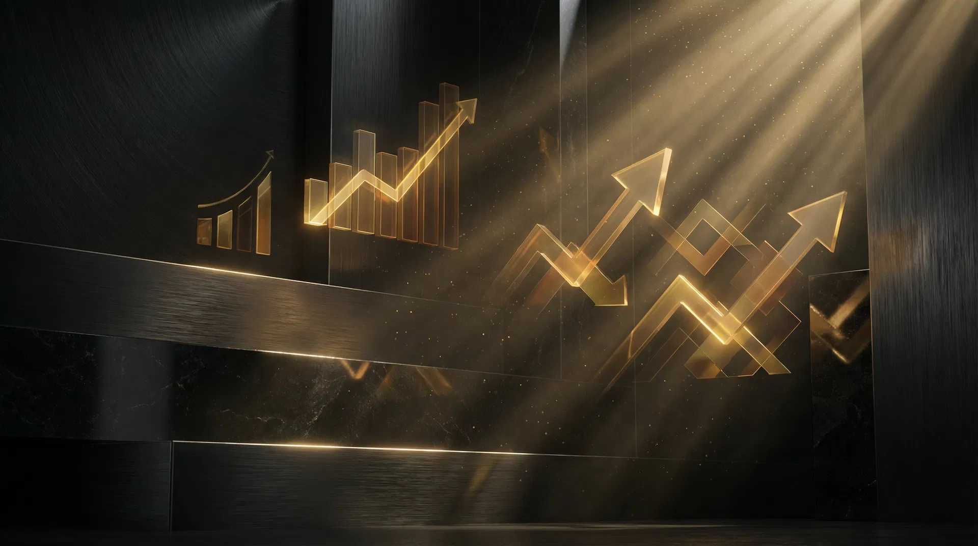 Golden financial growth charts and upward arrows on dark background