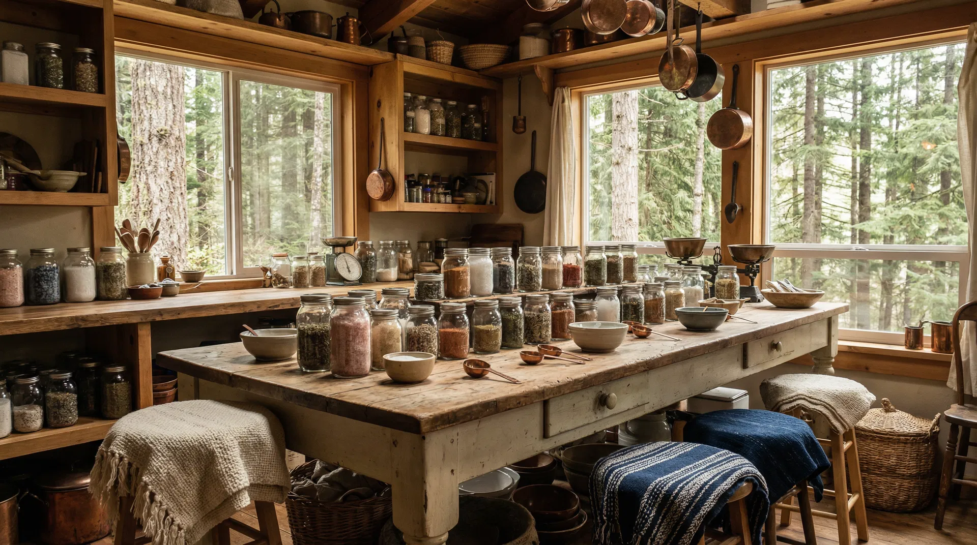 Artisan workspace with salt and spice products