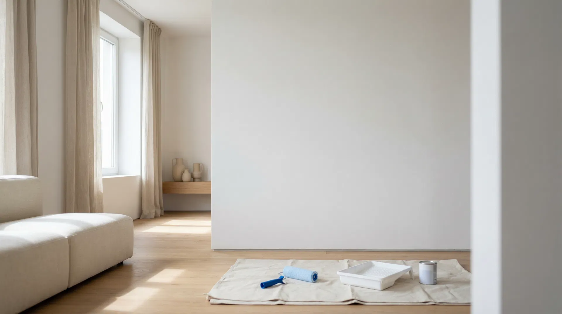 Plaster White Application Interior wall painted with NIVELO Plaster Primer in Plaster White showing seals porous surfaces