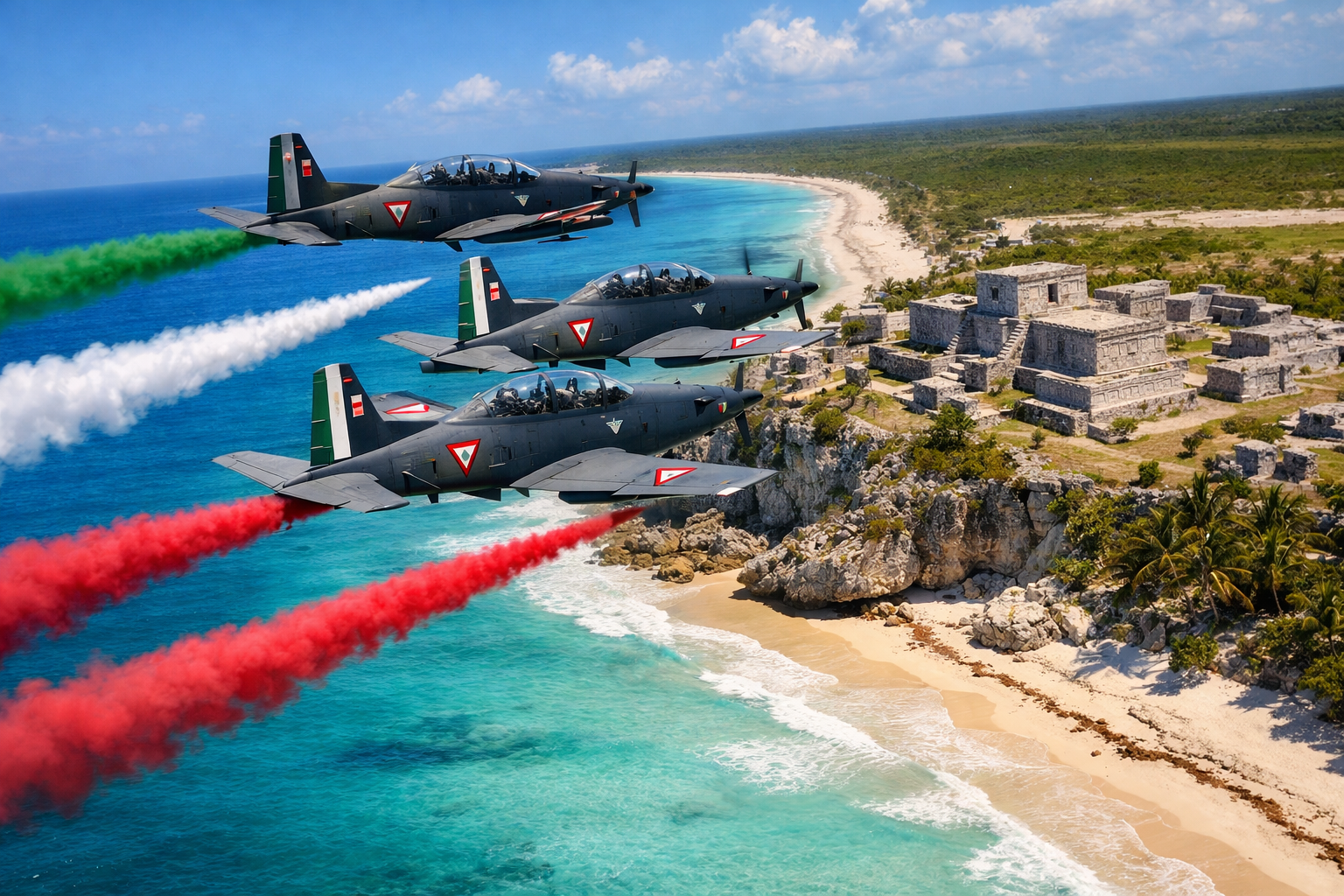 Aeronaves de la Fuerza Aérea Mexicana en formación sobre Tulum