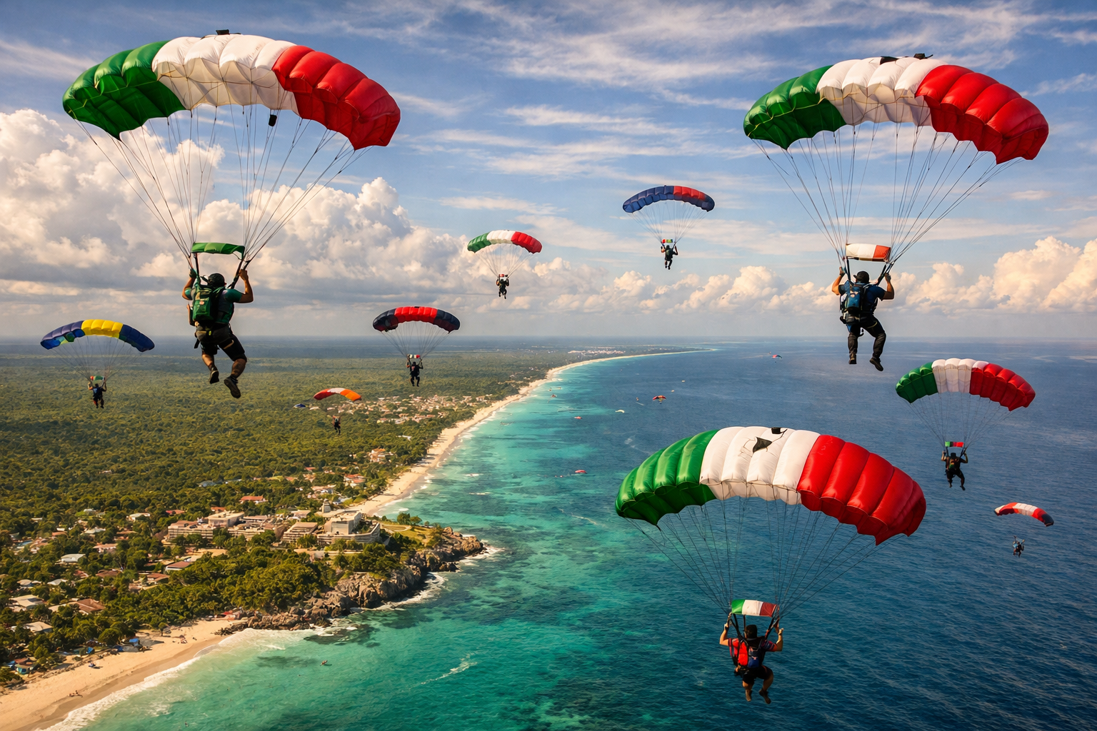Paracaidistas descendiendo sobre el Caribe Mexicano en Tulum