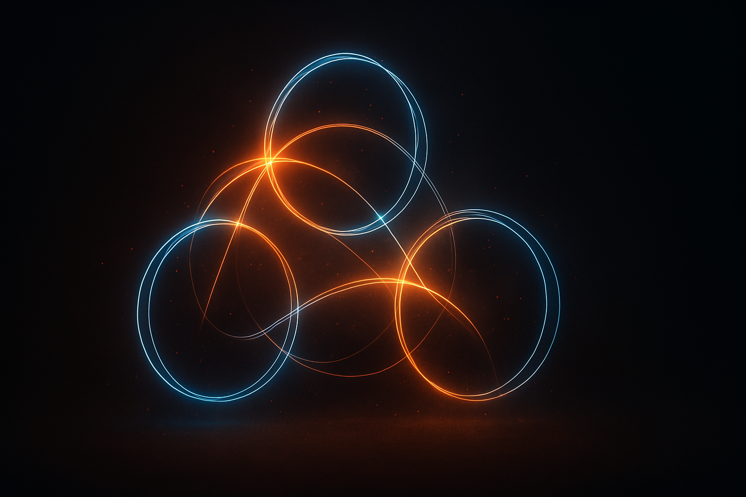 Diagrama abstrato de harmonia, mostrando três círculos interconectados com linhas brilhantes, simbolizando a substituição suave e as notas compartilhadas entre acordes relativos e anti-relativos.
