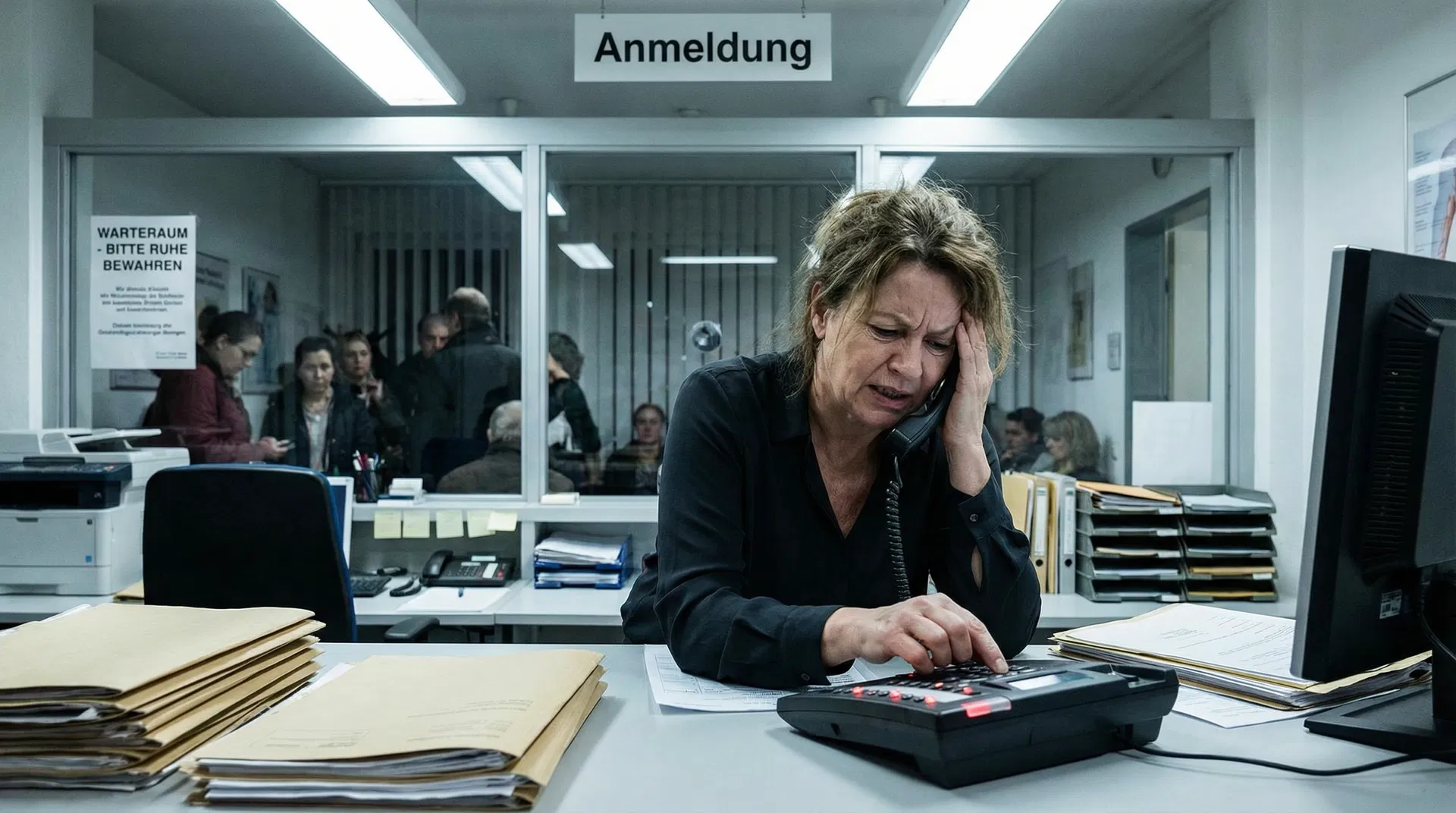 Gestresste Rezeptionistin am Telefon