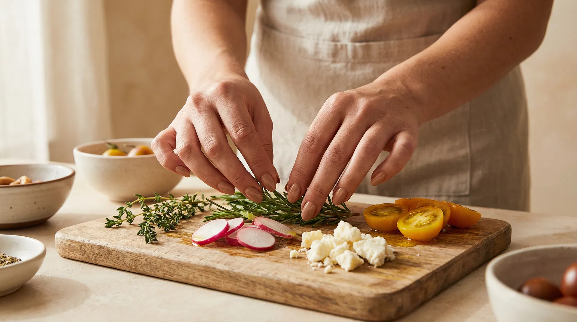 Mains de femme préparant des plats frais