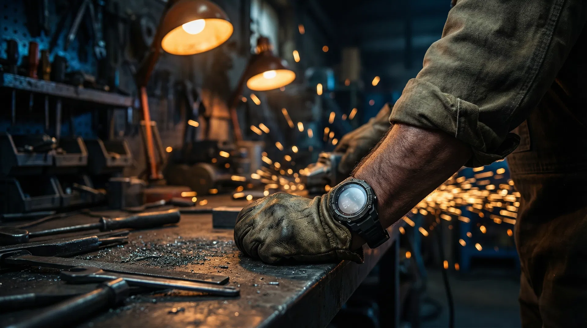 Forge watch on a tradesperson's wrist in a workshop with sparks