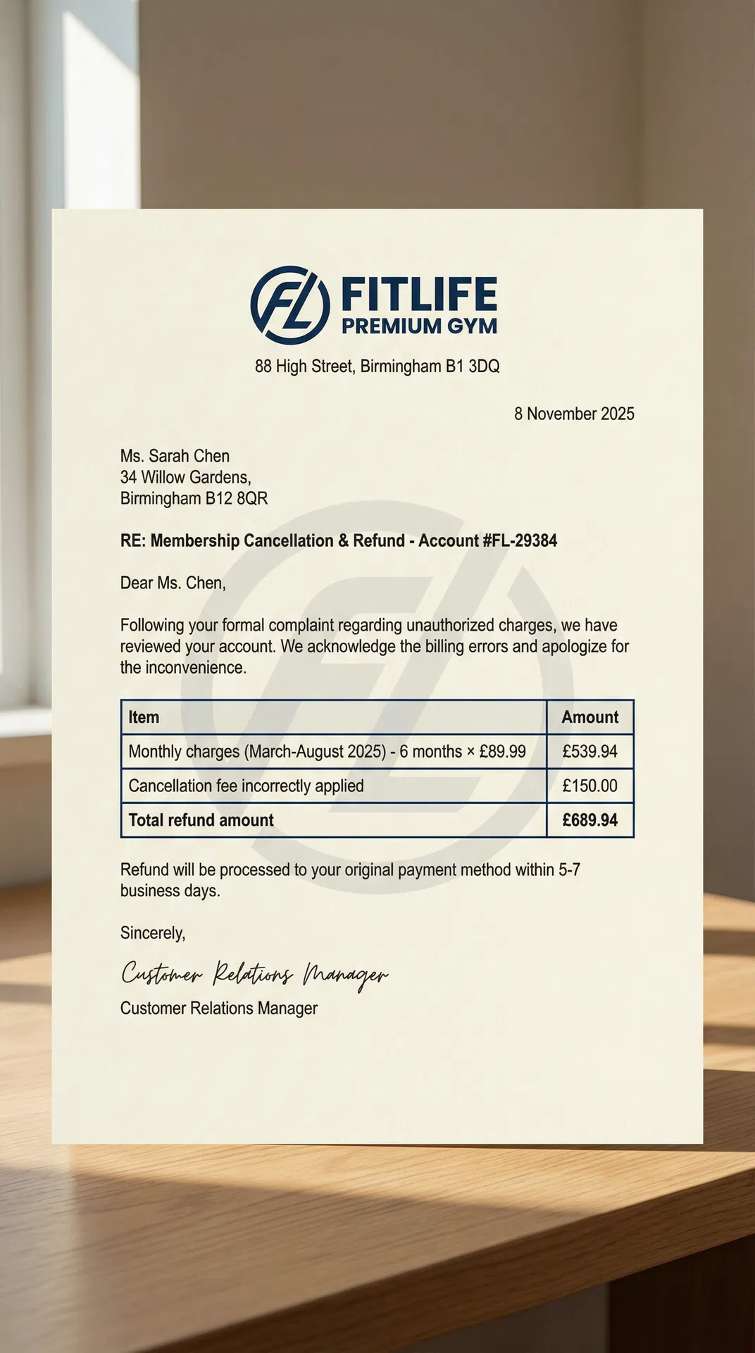 Gym refund letter