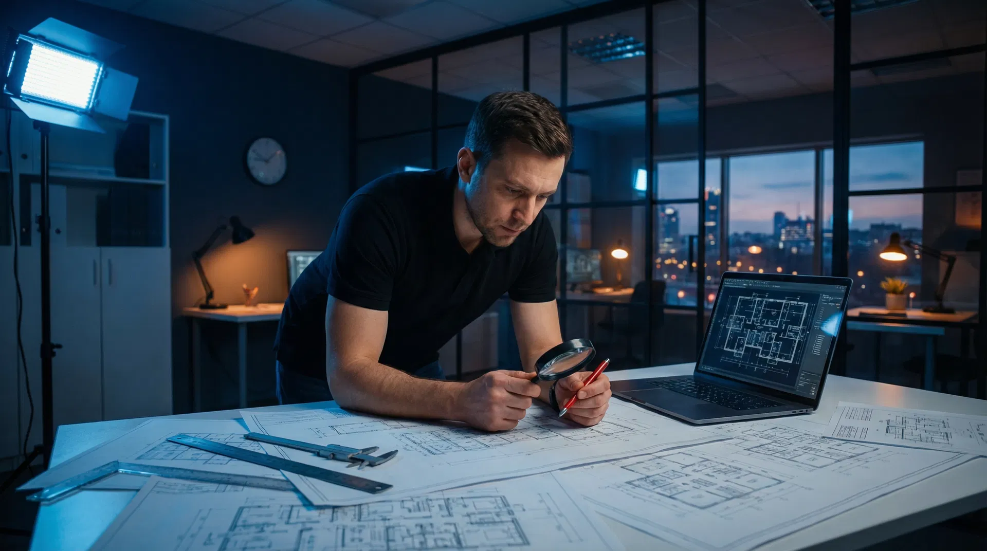 Engenheiro analisando projetos de segurança contra incêndio