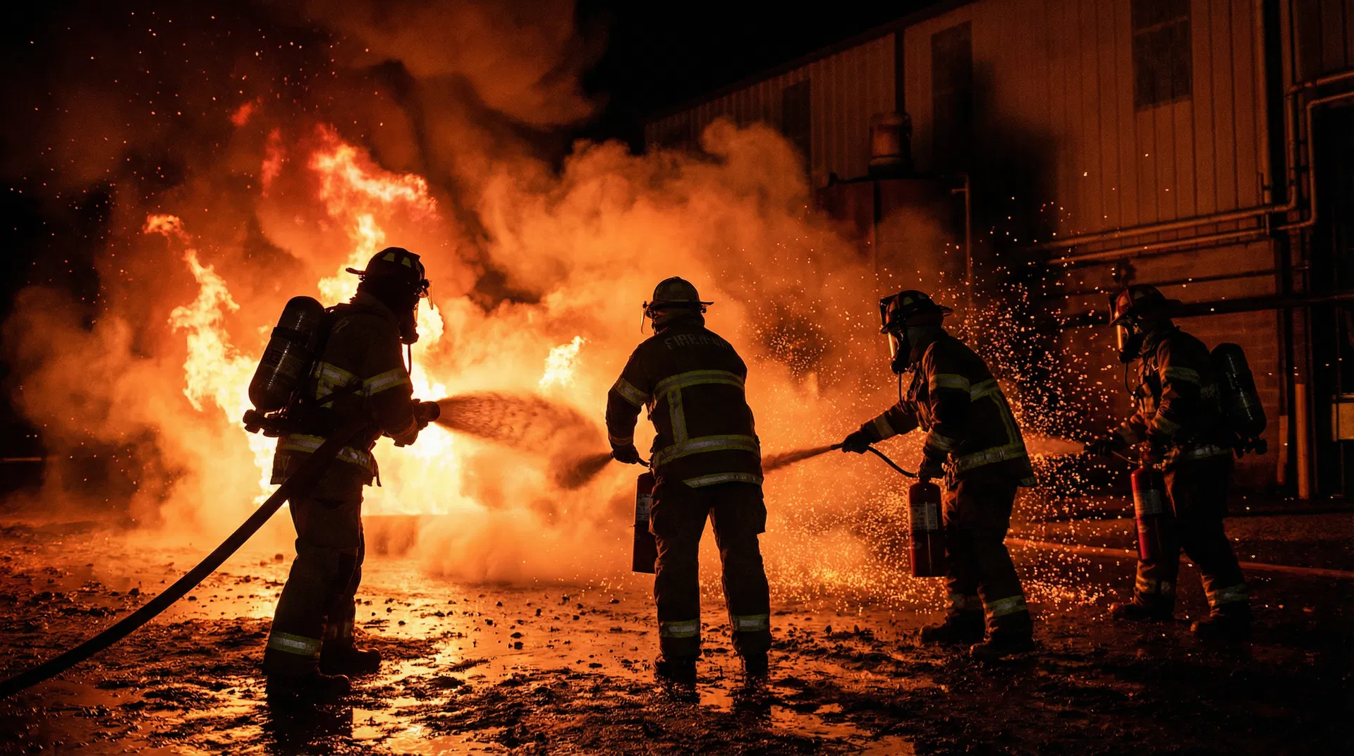 Brigada de incêndio em ação durante simulado