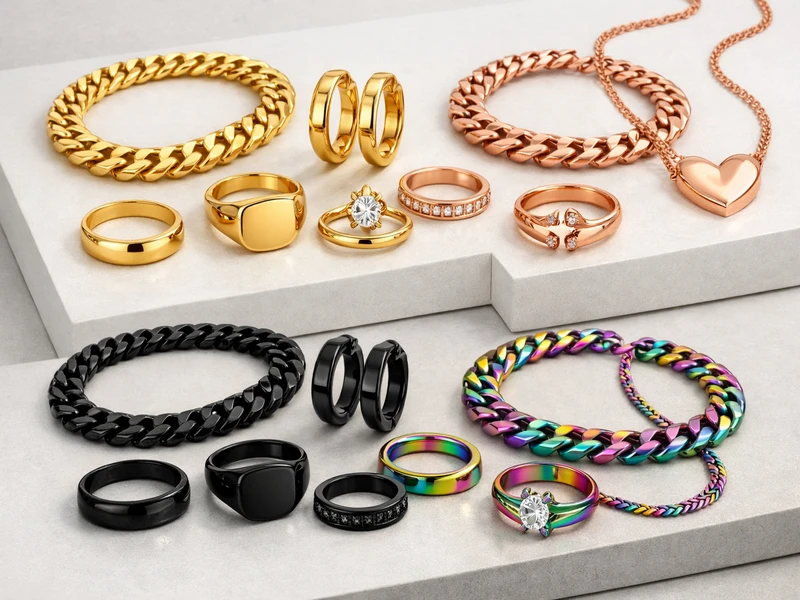 What is PVD Plating Jewelry? The Ultimate Guide (2026) 3 PVD plated jewelry in various colors and finishes