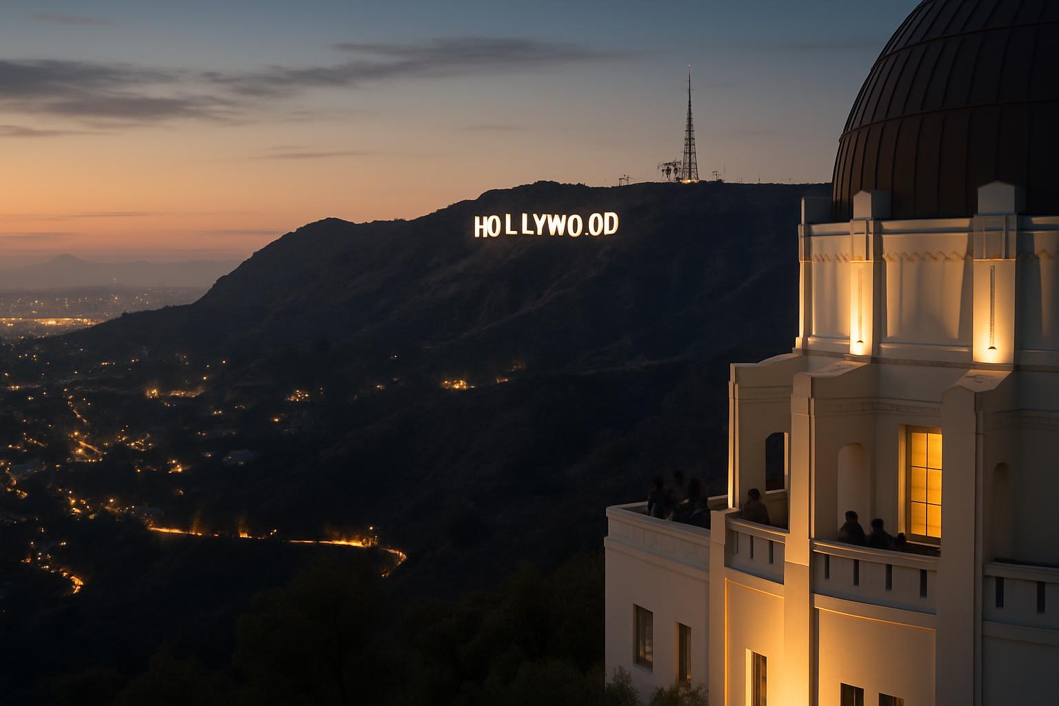 Hollywood Sign dilihat dari Griffith Observatory saat senja